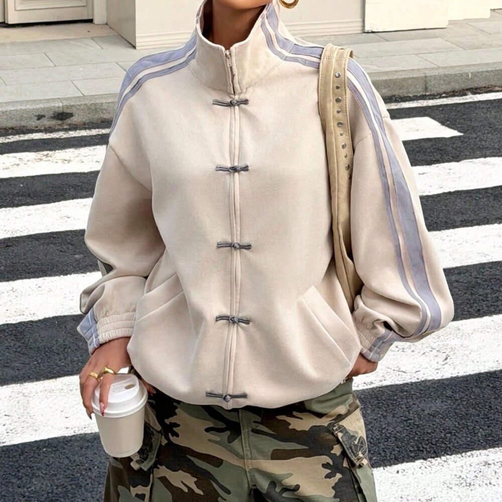 Apricot Casual Women's Faux Suede Jacket with Ribbon Sleeves